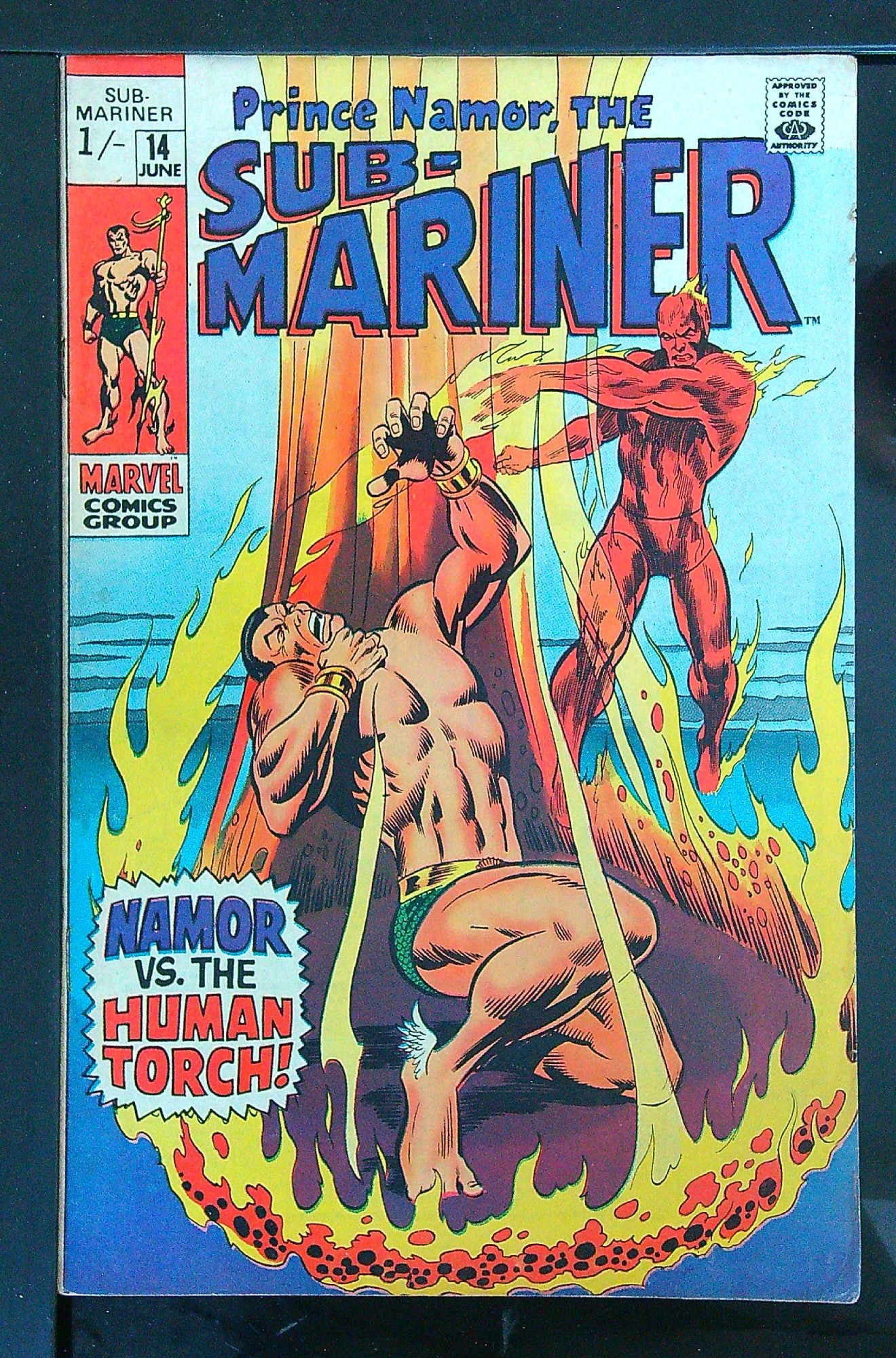 Sub-Mariner vs Golden Age Toro<br>ACTUAL SCAN OF COMIC!<br> Cover of Sub-Mariner (Vol 1) #14. One of 250,000 Vintage American Comics on sale from Krypton!