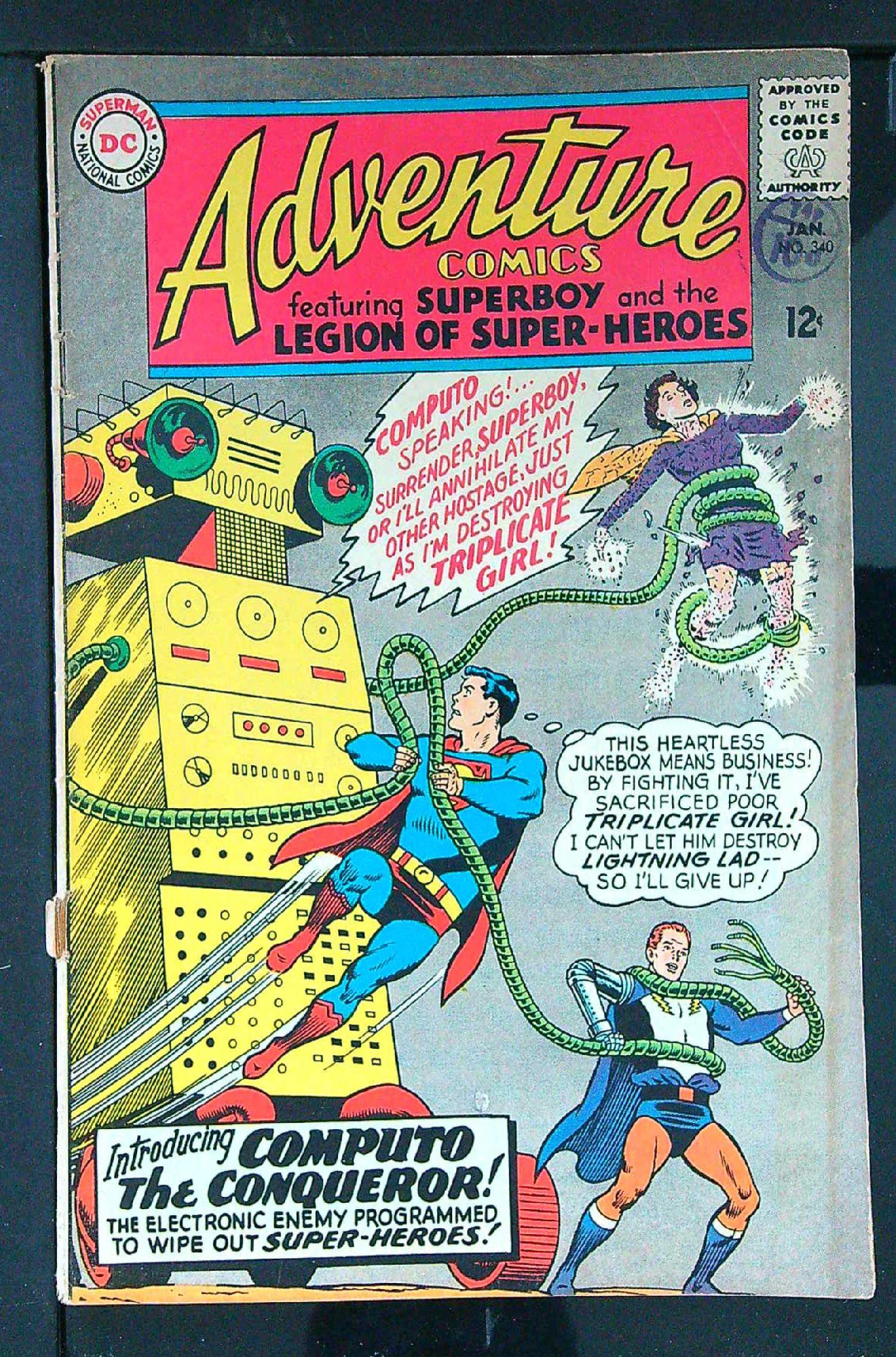ACTUAL SCAN OF COMIC!<br>Distribution Stamp on Cover - Detatched Lower Staple - See Scan Cover of Adventure Comics (Vol 1) #340. One of 250,000 Vintage American Comics on sale from Krypton!