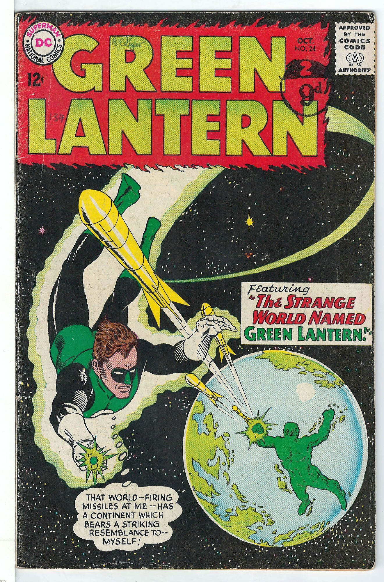 Origin & 1st appearance Shark<br>ACTUAL SCAN OF COMIC!<br>Pen on Cover - Stamp on Cover - See Scan Cover of Green Lantern (Vol 2) #24. One of 250,000 Vintage American Comics on sale from Krypton!