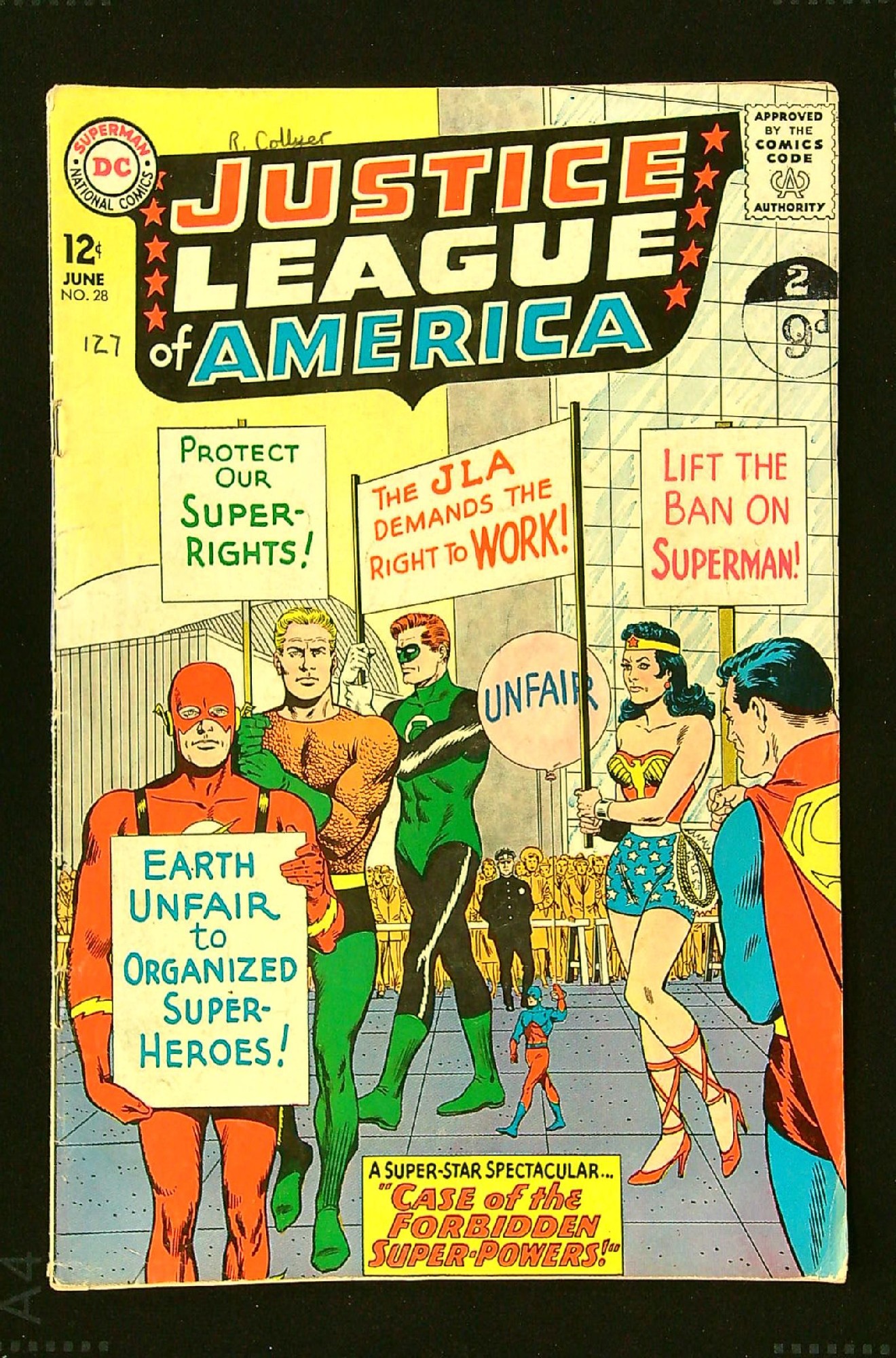 ACTUAL SCAN OF COMIC!<br>Distribution Stamp & Pen on Cover -Small tape repair - See Scan Cover of Justice League of America (Vol 1) #28. One of 250,000 Vintage American Comics on sale from Krypton!
