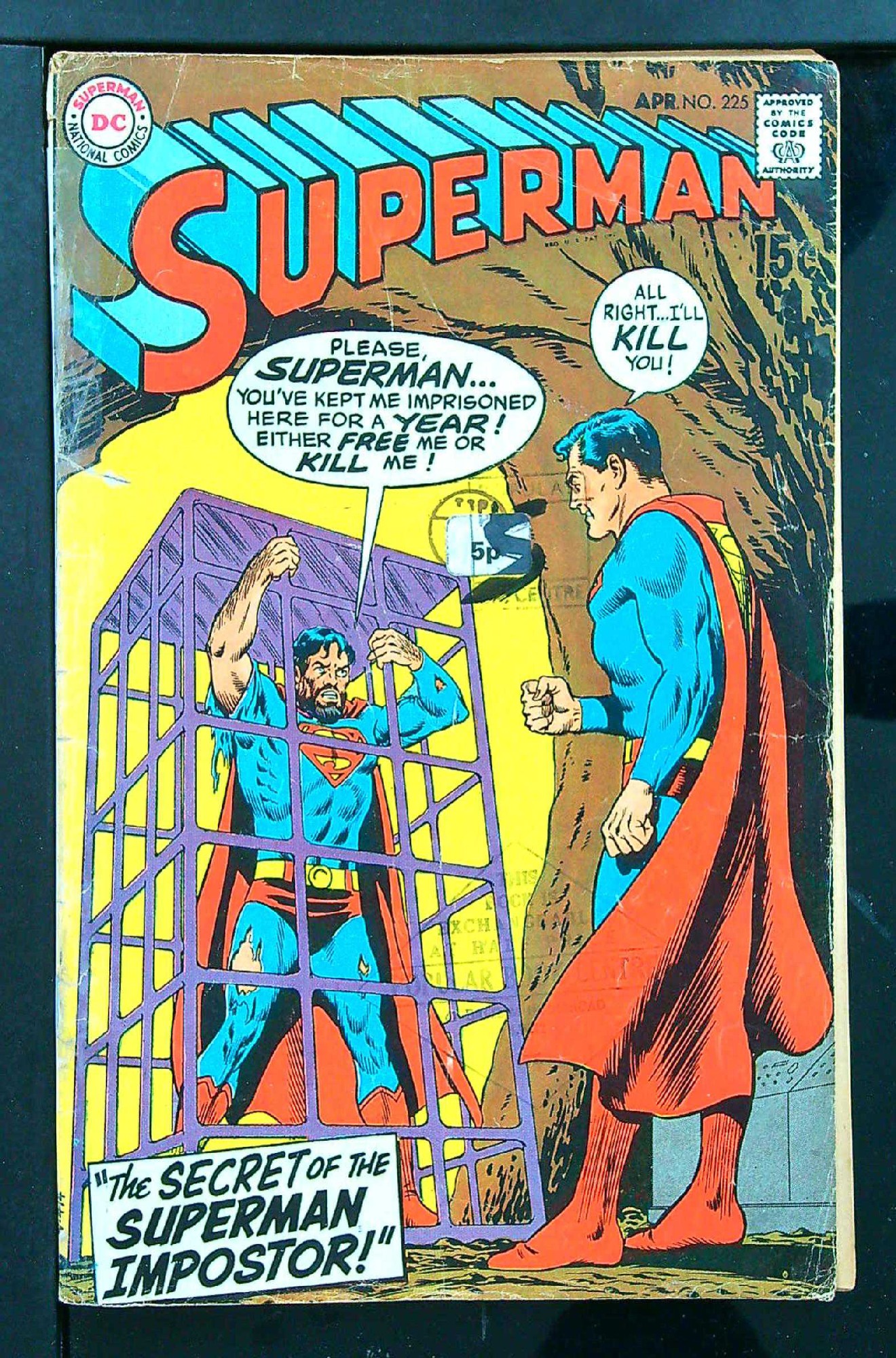 ACTUAL SCAN OF COMIC!<br>Distribution Stamp on Cover - Taped Spine - Label & Marker on Cover - See Scan Cover of Superman (Vol 1) #225. One of 250,000 Vintage American Comics on sale from Krypton!