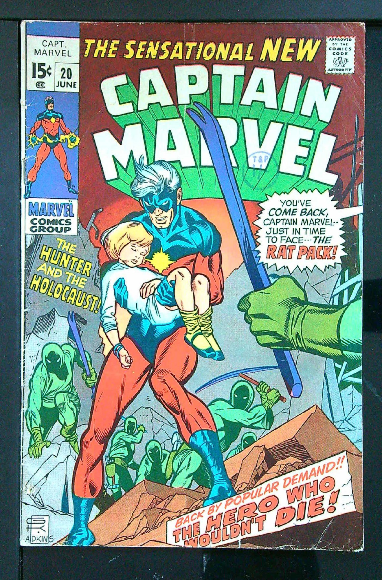 ACTUAL SCAN OF COMIC!<br>Distribution Stamp on Cover - See Scan Cover of Captain Marvel (Vol 1) #20. One of 250,000 Vintage American Comics on sale from Krypton!