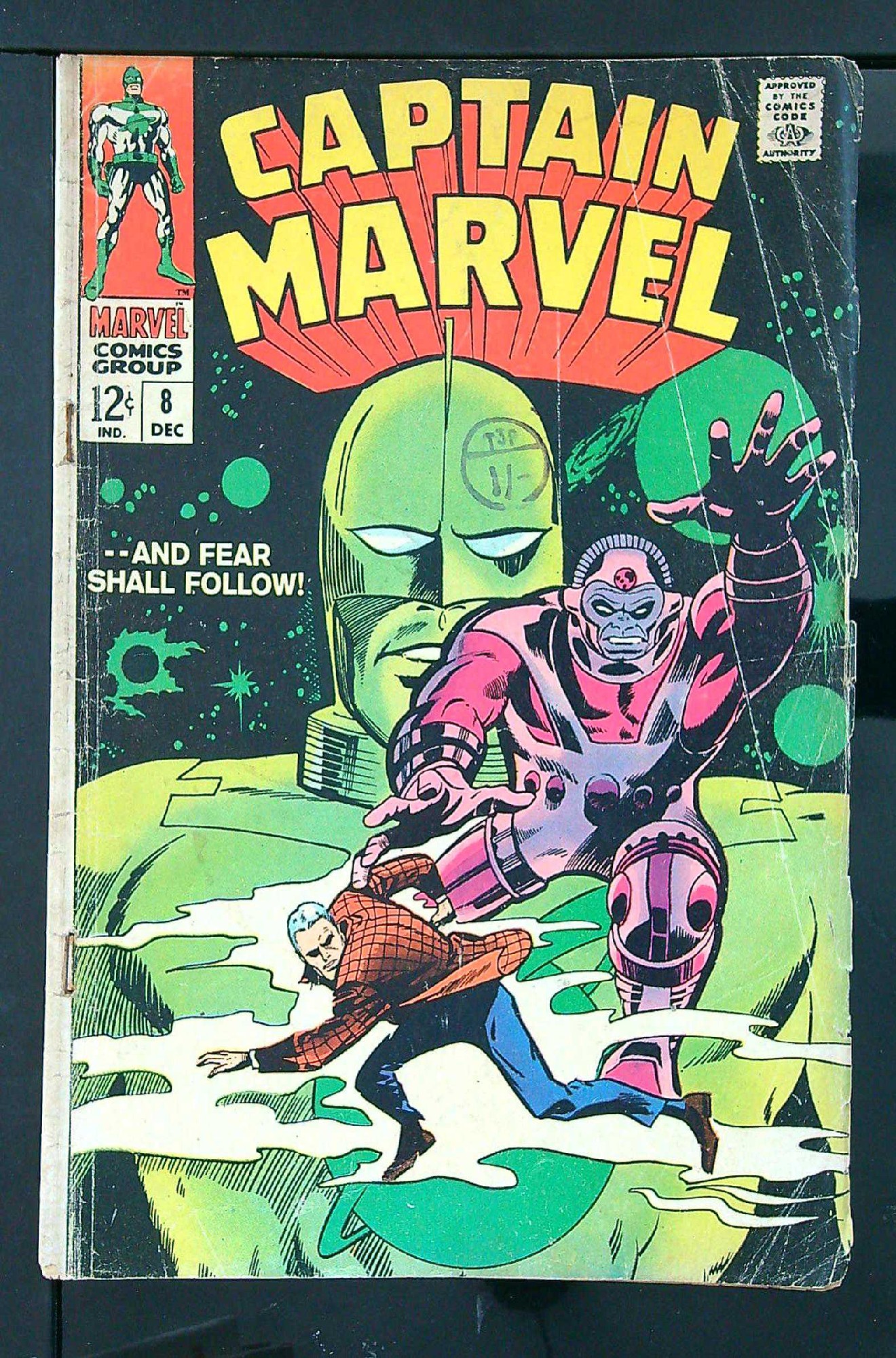 1st Cyberex<br>ACTUAL SCAN OF COMIC!<br>Distribution Stamp on Cover - Rolled Spine - See Scan Cover of Captain Marvel (Vol 1) #8. One of 250,000 Vintage American Comics on sale from Krypton!